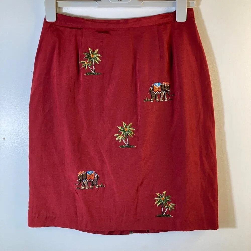 Womens Silkland Petite Tropical Silk Straight Lined Skirt Red 10P Trees Elephant